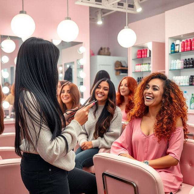 A vibrant and stylish salon scene, featuring a diverse group of women getting glamorous hairstyles