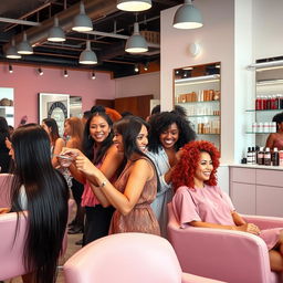 A vibrant and stylish salon scene, featuring a diverse group of women getting glamorous hairstyles