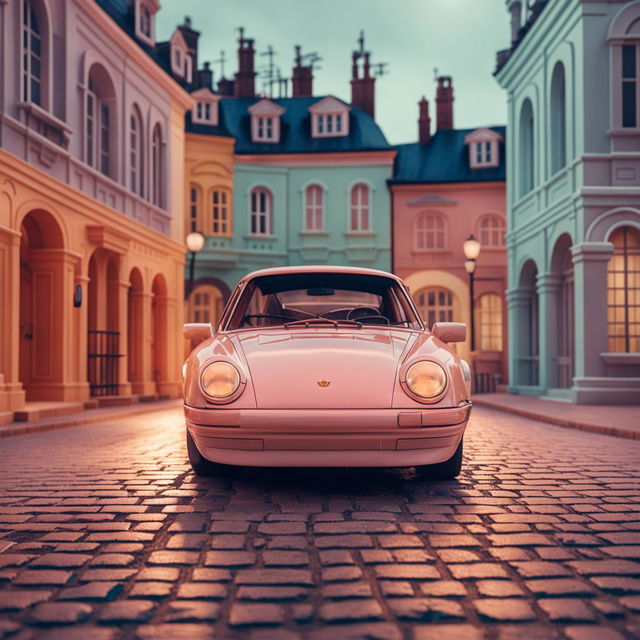 A Wes Anderson-inspired vintage Porsche poster. The image is rendered in 32k resolution and captured with a 200mm lens.