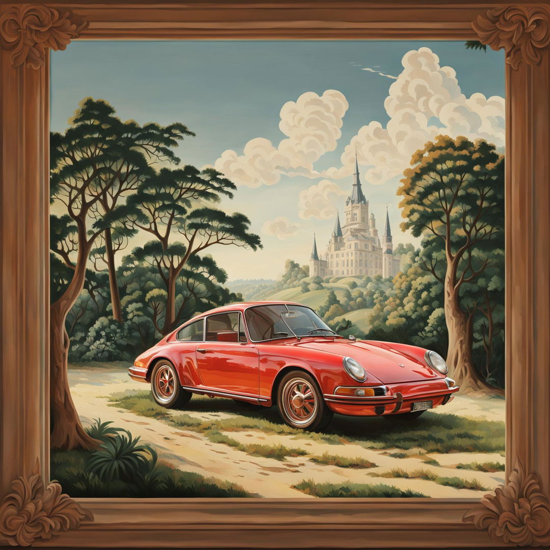 A detailed rococo oil painting featuring a vibrant red vintage Porsche against a lush landscape backdrop