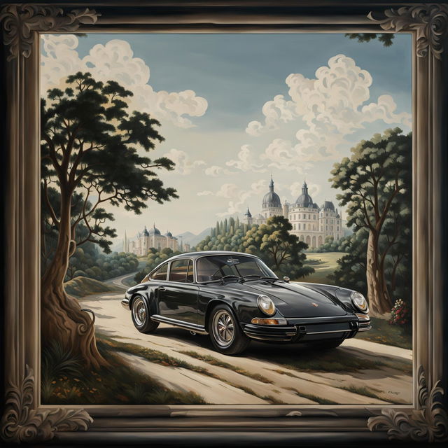 A detailed rococo oil painting featuring a glossy black vintage Porsche against a lush landscape backdrop