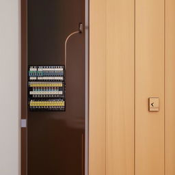 A detailed media wall with a designed panel or door that cleverly hides a main switch board within it.