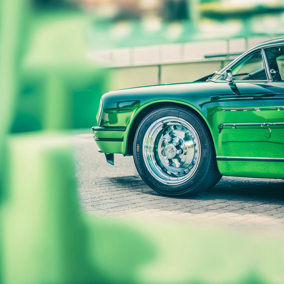 A lime green vintage Porsche captured in 32k resolution with a 200mm lens in a retro-style photograph.