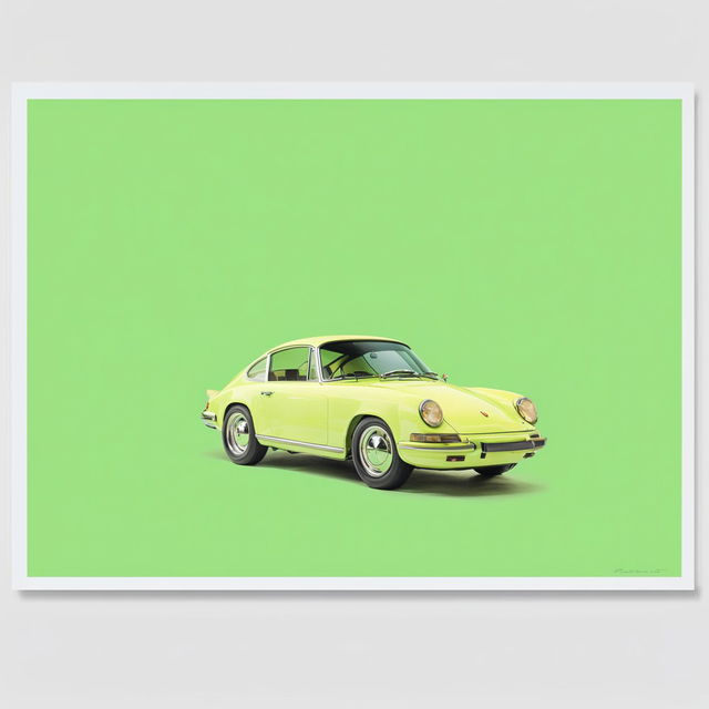 A Wes Anderson-inspired poster featuring a lime green vintage Porsche, captured in 32k resolution with a 200mm lens in a retro-style photograph