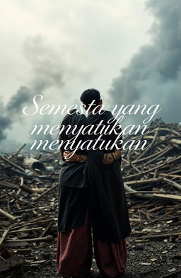 In a war-torn Surabaya backdrop, a couple embraces tenderly, facing away from the viewer, lost in their moment despite the chaos around them