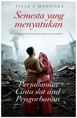 In a war-torn Surabaya backdrop, a couple embraces tenderly, facing away from the viewer, lost in their moment despite the chaos around them