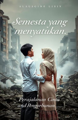 In a war-torn Surabaya backdrop, a couple embraces tenderly, facing away from the viewer, lost in their moment despite the chaos around them