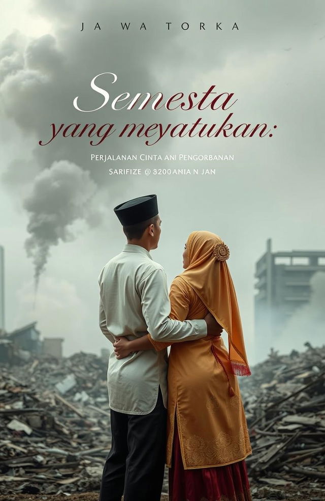 In a war-torn Surabaya backdrop, a couple embraces tenderly, facing away from the viewer, lost in their moment despite the chaos around them