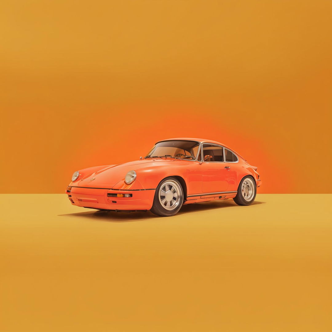 Vintage Porsche poster in 32k resolution featuring a 200mm model in vibrant orange, captured in retro photography style reminiscent of Wes Anderson's aesthetic