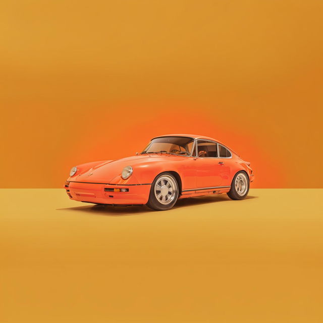 Vintage Porsche poster in 32k resolution featuring a 200mm model in vibrant orange, captured in retro photography style reminiscent of Wes Anderson's aesthetic