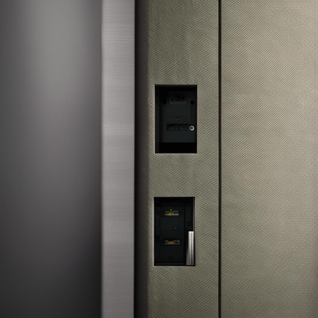 A detailed media wall with a designed panel or door that cleverly hides a main switch board within it.