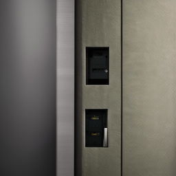 A detailed media wall with a designed panel or door that cleverly hides a main switch board within it.