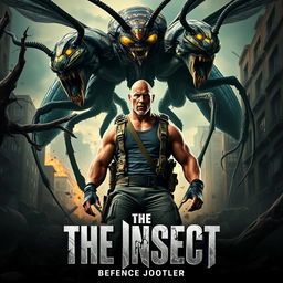 An intense teaser poster for 'THE INSECT', showcasing Dwayne Johnson in a dynamic pose as he confronts towering, monstrous mutated insects