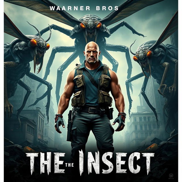 An intense teaser poster for 'THE INSECT', showcasing Dwayne Johnson in a dynamic pose as he confronts towering, monstrous mutated insects