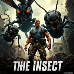 An intense teaser poster for 'THE INSECT', showcasing Dwayne Johnson in a dynamic pose as he confronts towering, monstrous mutated insects