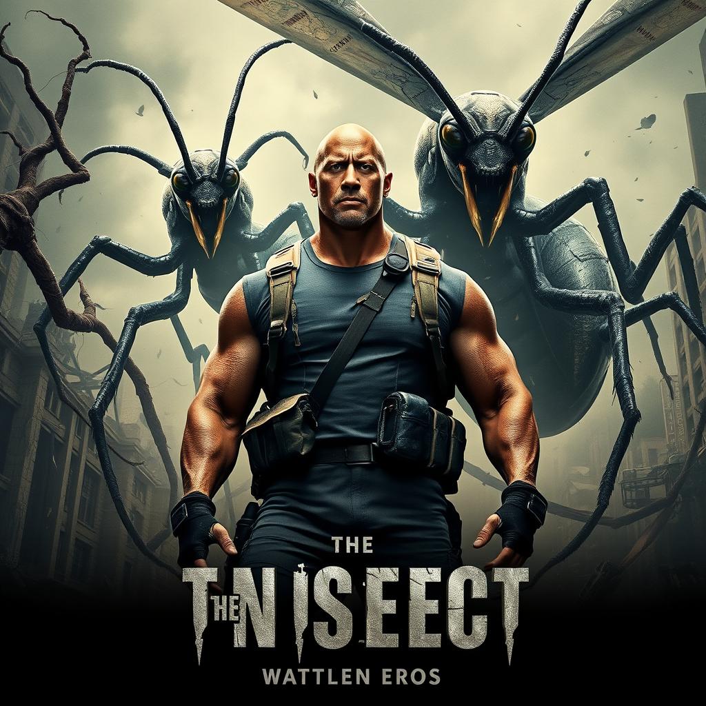 An intense teaser poster for 'THE INSECT', showcasing Dwayne Johnson in a dynamic pose as he confronts towering, monstrous mutated insects