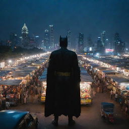 Batman standing on a busy Indian street at night, looking over the bustling crowd of vendors, auto-rickshaws with the skyline of Indian cityscape in the background