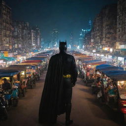 Batman standing on a busy Indian street at night, looking over the bustling crowd of vendors, auto-rickshaws with the skyline of Indian cityscape in the background