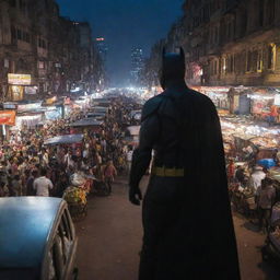 Batman standing on a busy Indian street at night, looking over the bustling crowd of vendors, auto-rickshaws with the skyline of Indian cityscape in the background