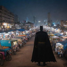 Batman standing on a busy Indian street at night, looking over the bustling crowd of vendors, auto-rickshaws with the skyline of Indian cityscape in the background