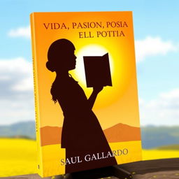 A book cover for a poetry collection featuring the silhouette of a girl holding a book, set against a bright sunny yellow landscape