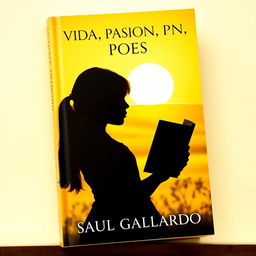 A book cover for a poetry collection featuring the silhouette of a girl holding a book, set against a bright sunny yellow landscape