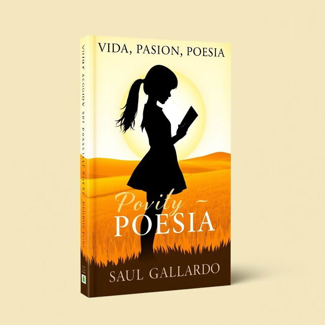 A book cover for a poetry collection featuring the silhouette of a girl holding a book, set against a bright sunny yellow landscape