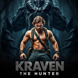 A dramatic teaser poster for 'KRAVEN THE HUNTER', featuring Aaron Taylor Johnson in a fierce stance, ready to take on a gigantic, terrifying mutated monster