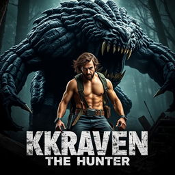 A dramatic teaser poster for 'KRAVEN THE HUNTER', featuring Aaron Taylor Johnson in a fierce stance, ready to take on a gigantic, terrifying mutated monster