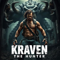 A dramatic teaser poster for 'KRAVEN THE HUNTER', featuring Aaron Taylor Johnson in a fierce stance, ready to take on a gigantic, terrifying mutated monster