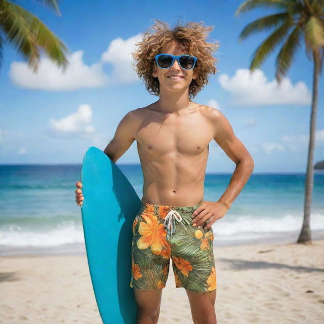 A coconut personified as a cocky teenage boy, with surfer hair styled from coconut fibers, dressed casually in tropical swim shorts, wearing sunglasses, and carrying a surfboard set against the beach backdrop