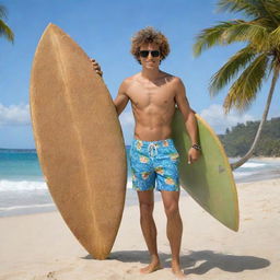 A coconut personified as a cocky teenage boy, with surfer hair styled from coconut fibers, dressed casually in tropical swim shorts, wearing sunglasses, and carrying a surfboard set against the beach backdrop