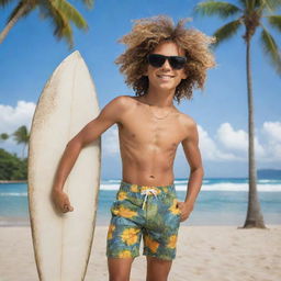 A coconut personified as a cocky teenage boy, with surfer hair styled from coconut fibers, dressed casually in tropical swim shorts, wearing sunglasses, and carrying a surfboard set against the beach backdrop