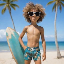 A coconut personified as a cocky teenage boy, with surfer hair styled from coconut fibers, dressed casually in tropical swim shorts, wearing sunglasses, and carrying a surfboard set against the beach backdrop