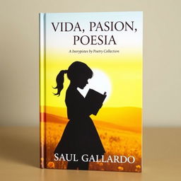 A book cover for a poetry collection featuring the silhouette of a girl holding a book, set against a bright sunny yellow landscape
