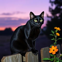 A sleek black cat with shiny fur and striking green eyes sitting gracefully on a wooden fence at dusk