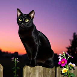 A sleek black cat with shiny fur and striking green eyes sitting gracefully on a wooden fence at dusk