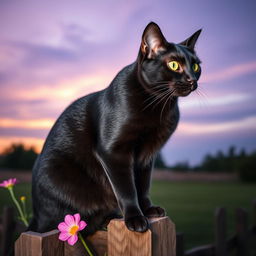 A sleek black cat with shiny fur and striking green eyes sitting gracefully on a wooden fence at dusk
