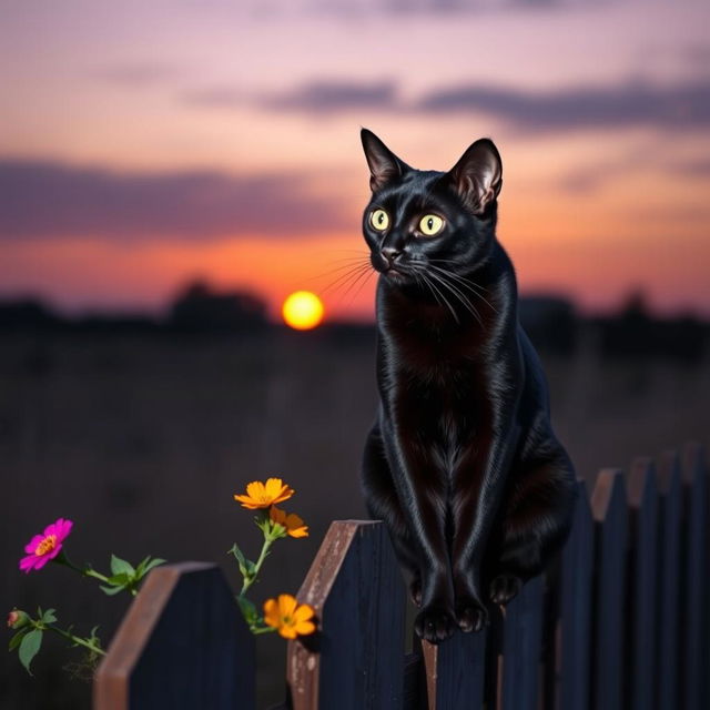 A sleek black cat with shiny fur and striking green eyes sitting gracefully on a wooden fence at dusk