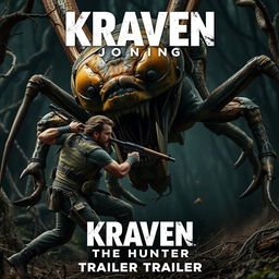 An action-packed scene from 'KRAVEN THE HUNTER', featuring Aaron Taylor Johnson engaged in an intense battle against a gigantic, terrifying mutated monster