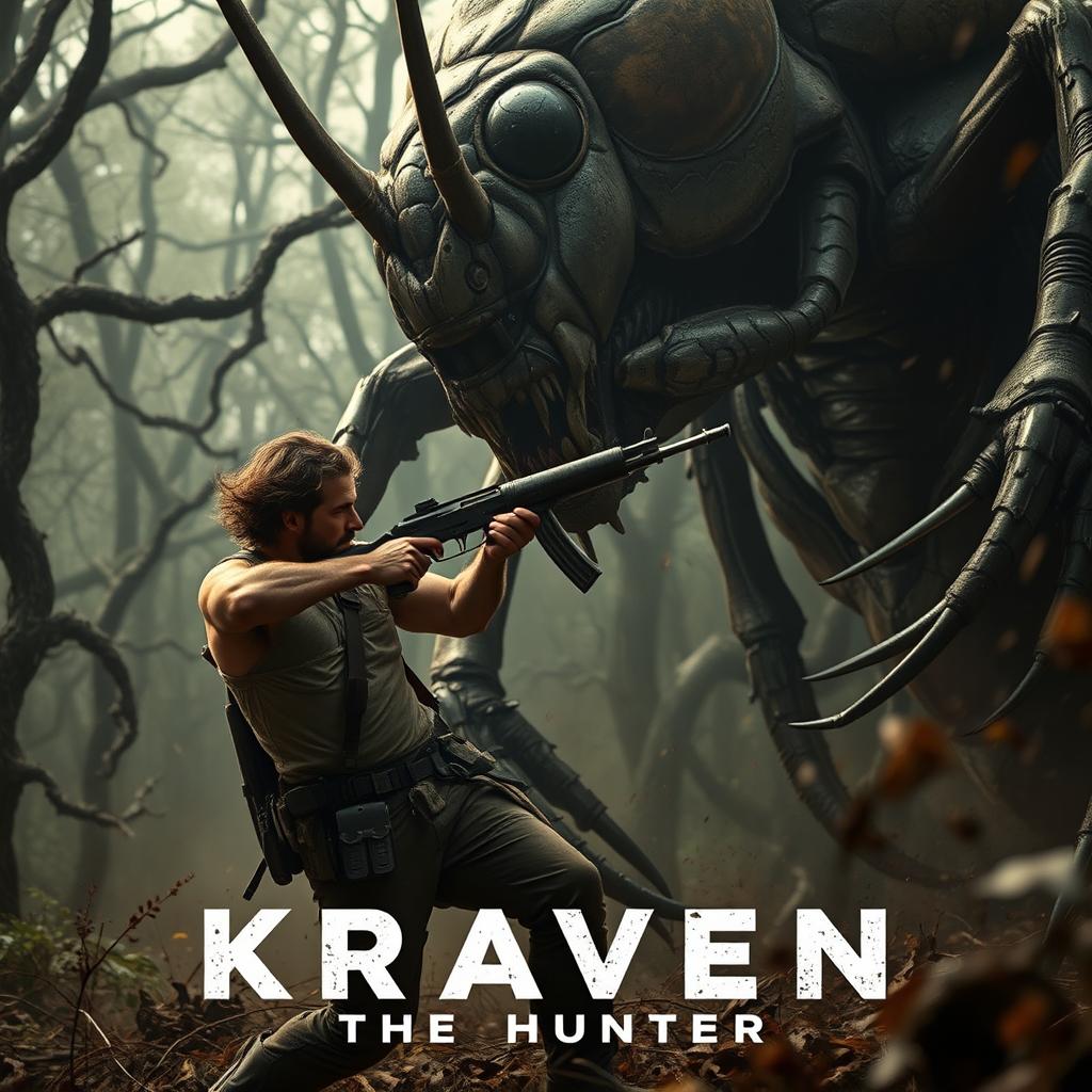 An action-packed scene from 'KRAVEN THE HUNTER', featuring Aaron Taylor Johnson engaged in an intense battle against a gigantic, terrifying mutated monster