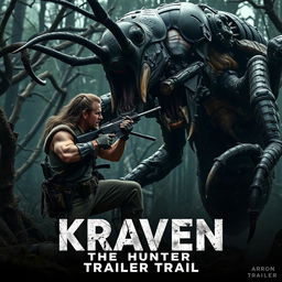 An action-packed scene from 'KRAVEN THE HUNTER', featuring Aaron Taylor Johnson engaged in an intense battle against a gigantic, terrifying mutated monster