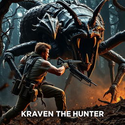 An action-packed scene from 'KRAVEN THE HUNTER', featuring Aaron Taylor Johnson engaged in an intense battle against a gigantic, terrifying mutated monster