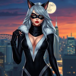 A stunning depiction of Felicia Hardy, also known as Black Cat, standing confidently against a vibrant cityscape backdrop at dusk
