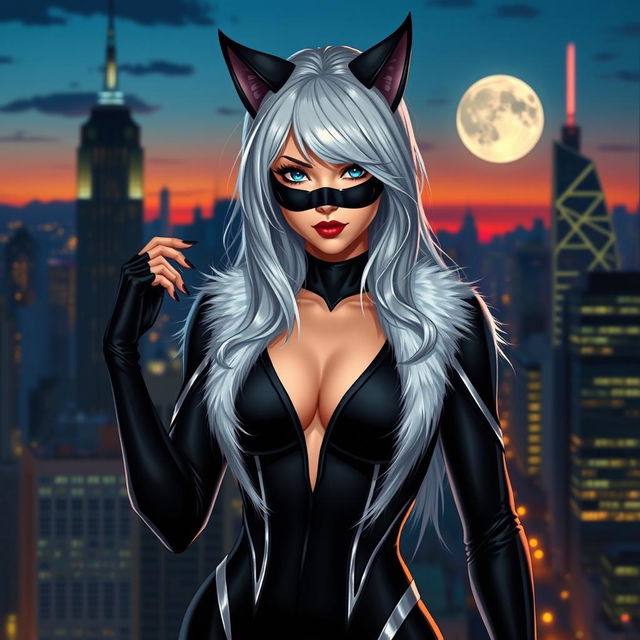 A stunning depiction of Felicia Hardy, also known as Black Cat, standing confidently against a vibrant cityscape backdrop at dusk