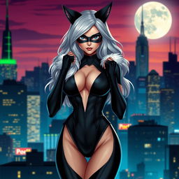 A stunning depiction of Felicia Hardy, also known as Black Cat, standing confidently against a vibrant cityscape backdrop at dusk