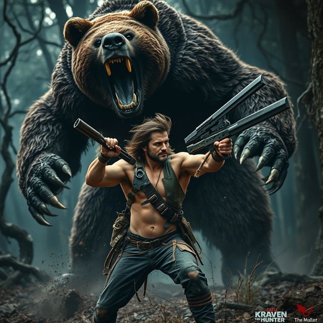 An action-packed scene from 'KRAVEN THE HUNTER', featuring Aaron Taylor Johnson as he battles a massive, terrifying mutated bear monster