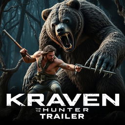 An action-packed scene from 'KRAVEN THE HUNTER', featuring Aaron Taylor Johnson as he battles a massive, terrifying mutated bear monster