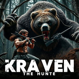 An action-packed scene from 'KRAVEN THE HUNTER', featuring Aaron Taylor Johnson as he battles a massive, terrifying mutated bear monster