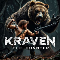 An action-packed scene from 'KRAVEN THE HUNTER', featuring Aaron Taylor Johnson as he battles a massive, terrifying mutated bear monster